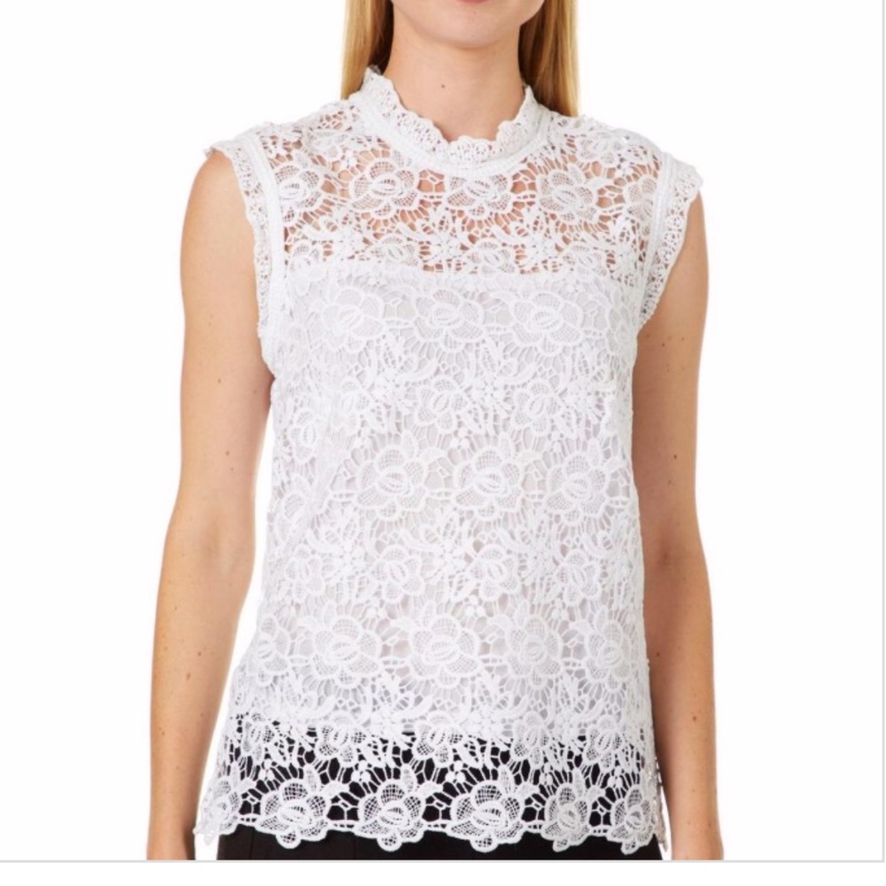 NANETTE LEPORE Top BLOUSE WHITE LACE CAP SLEEVE TOP L